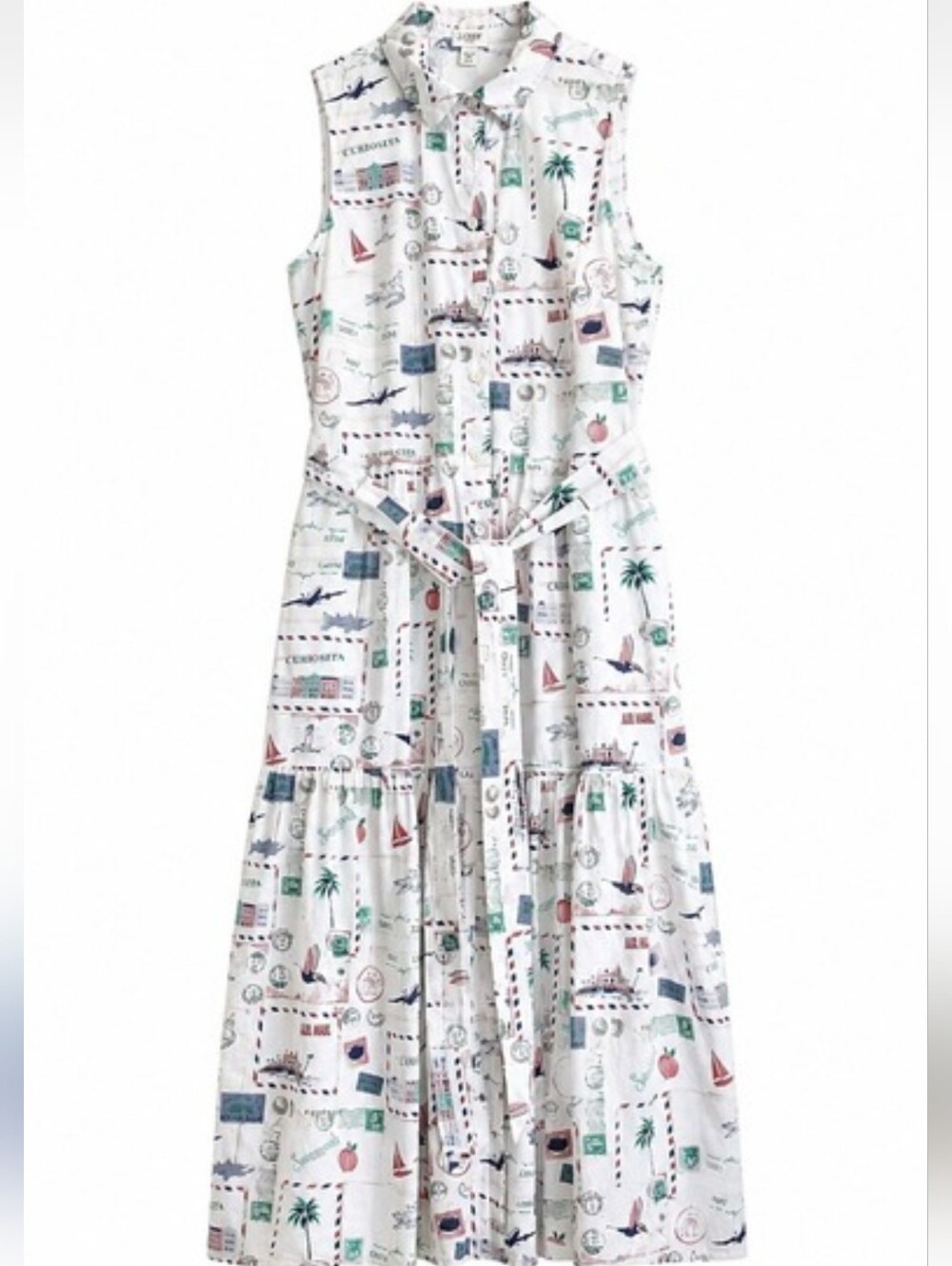 J.Crew‎ Map Stamps Print Collared Midi Dress Sleeveless Pockets Cotton Belted 14